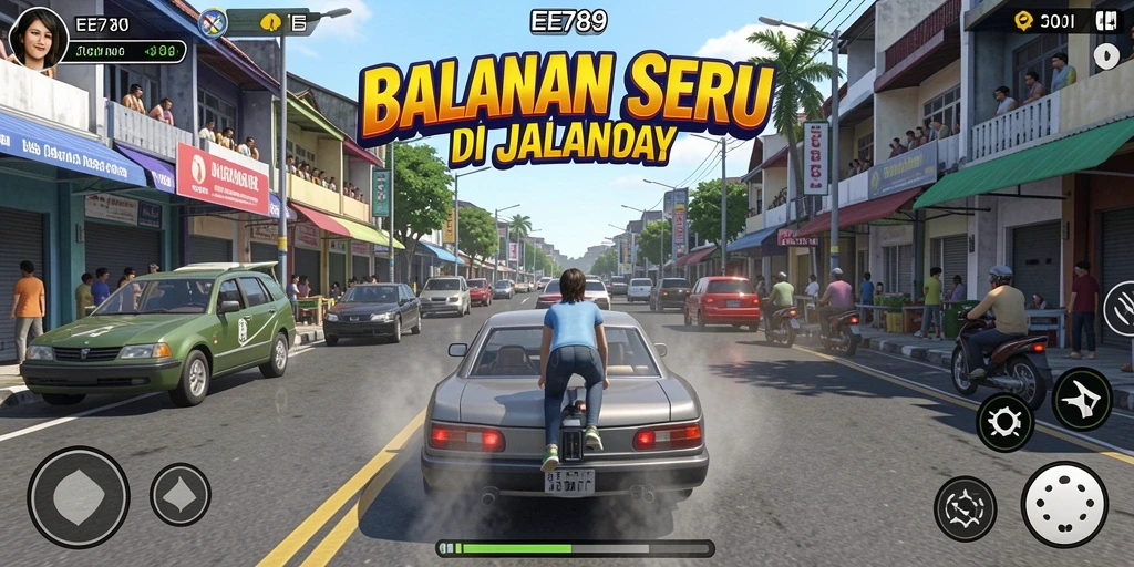 Screenshot utama EE789 menampilkan aksi balapan cepat dan grafis tajam.